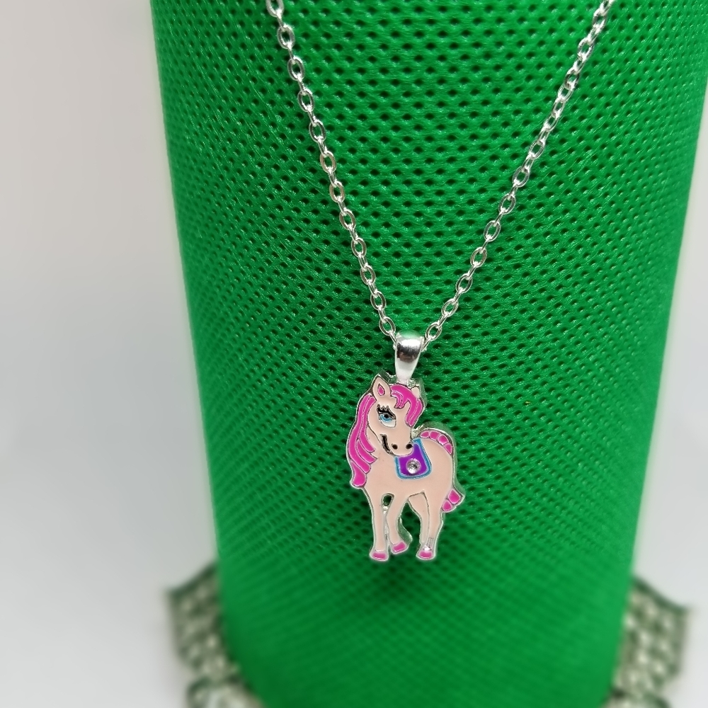 Silver and Pink Horse Pendant Necklace
